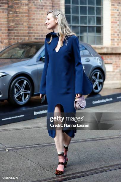 Candace Lake wearing blue dress, M2Malletier bag and Fendi shoes during Mercedes-Benz Fashion Week Resort 19 Collections at Carriageworks on May 14,...