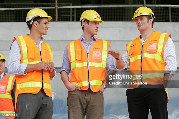 Prince William talks with All Blacks Dan Carter and Richie McCaw and Eden Park on the first day of his visit to New Zealand on January 17, 2010 in...
