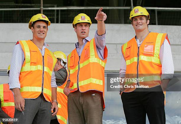 Prince William talks with All Blacks Dan Carter and Richie McCaw and Eden Park on the first day of his visit to New Zealand on January 17, 2010 in...