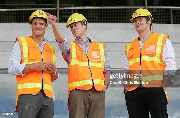 Prince William talks with All Blacks Dan Carter and Richie McCaw and Eden Park on the first day of his visit to New Zealand on January 17, 2010 in...