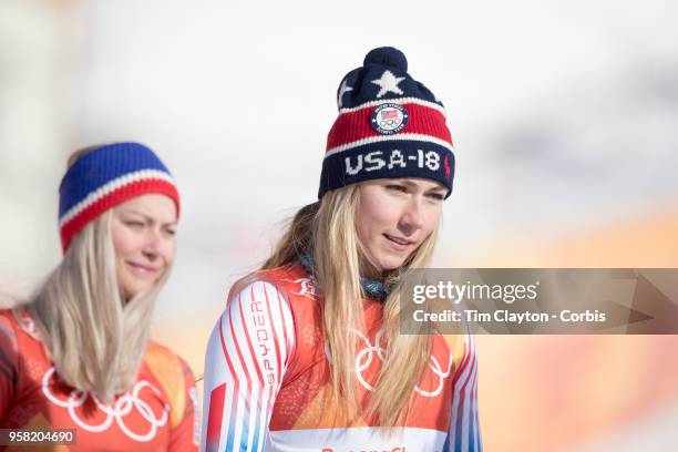 Mikaela Shiffrin of the United States at the presentation after winning the gold medal with silver medalist Ragnhild Mowinckel of Norway in the...
