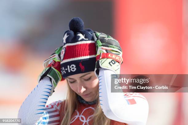 Mikaela Shiffrin of the United States at the presentation after winning the gold medal in the Alpine Skiing - Ladies' Giant Slalom competition at...