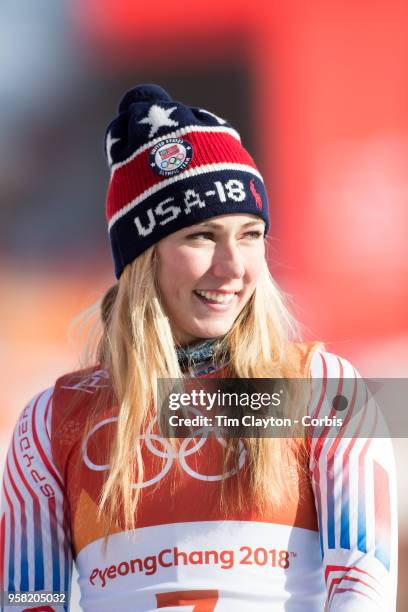 Mikaela Shiffrin of the United States at the presentation after winning the gold medal in the Alpine Skiing - Ladies' Giant Slalom competition at...