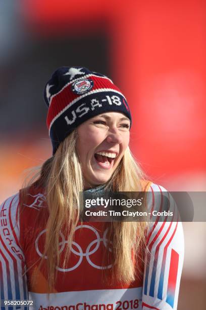 Mikaela Shiffrin of the United States celebrates after winning the gold medal in the Alpine Skiing - Ladies' Giant Slalom competition at Yongpyong...