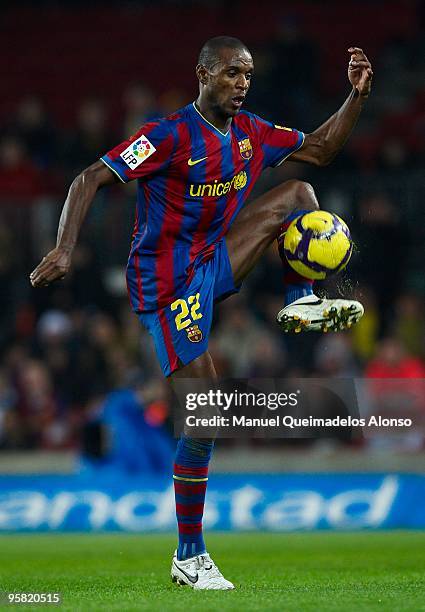 Eric Abidal of FC Barcelona controls the ball during the La Liga match between Barcelona and Sevilla at the Camp Nou stadium on January 16, 2010 in...