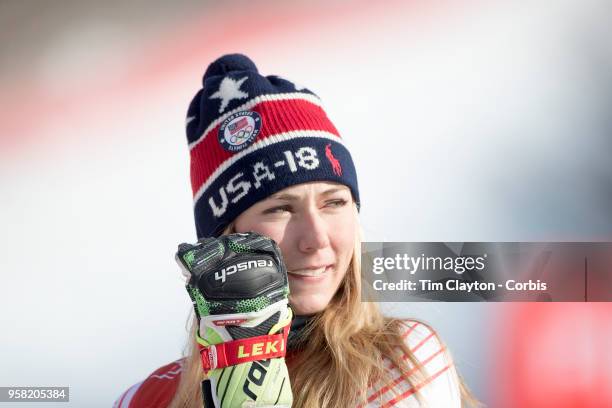 Mikaela Shiffrin of the United States at the presentation after winning the gold medal in the Alpine Skiing - Ladies' Giant Slalom competition at...