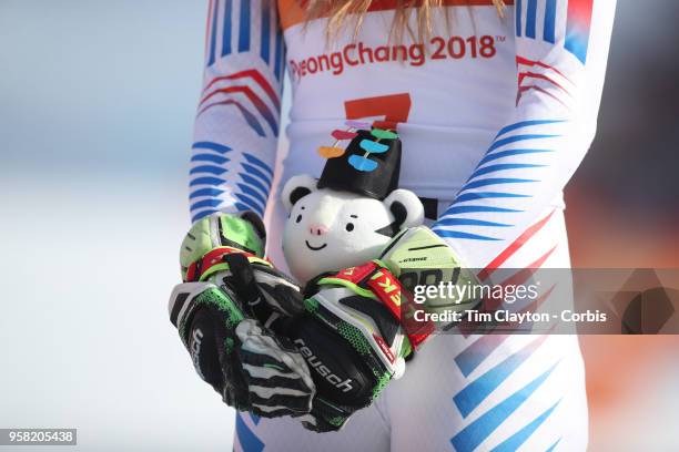 Mikaela Shiffrin of the United States at the presentation after winning the gold medal in the Alpine Skiing - Ladies' Giant Slalom competition at...