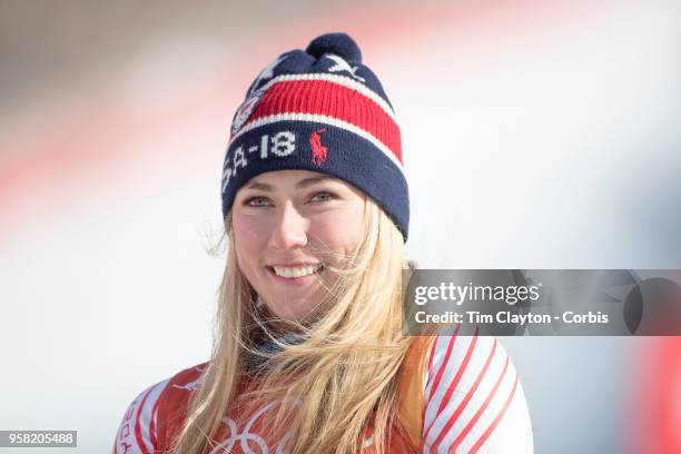 Mikaela Shiffrin of the United States at the presentation after winning the gold medal in the Alpine Skiing - Ladies' Giant Slalom competition at...