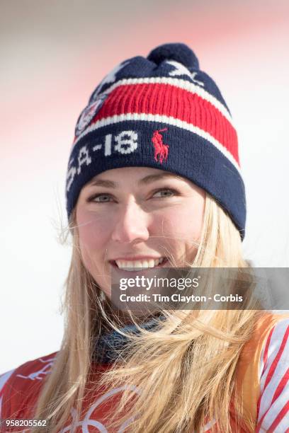 Mikaela Shiffrin of the United States at the presentation after winning the gold medal in the Alpine Skiing - Ladies' Giant Slalom competition at...