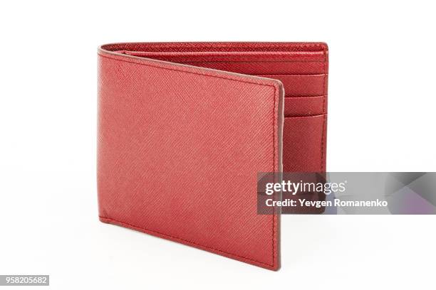 red leather wallet isolated on white background - portmonee stock-fotos und bilder