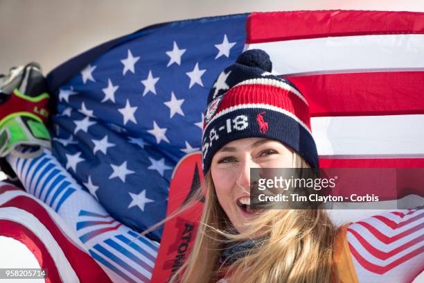 Mikaela Shiffrin of the United States celebrates at the presentation after winning the gold medal in the Alpine Skiing - Ladies' Giant Slalom...