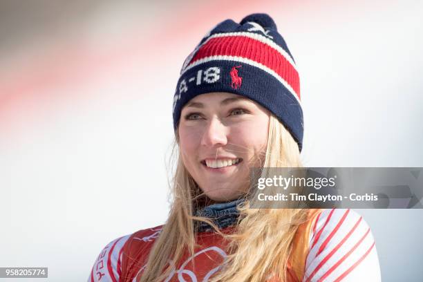 Mikaela Shiffrin of the United States at the presentation after winning the gold medal in the Alpine Skiing - Ladies' Giant Slalom competition at...