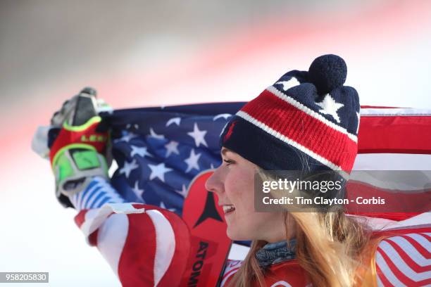 Mikaela Shiffrin of the United States celebrates at the presentation after winning the gold medal in the Alpine Skiing - Ladies' Giant Slalom...