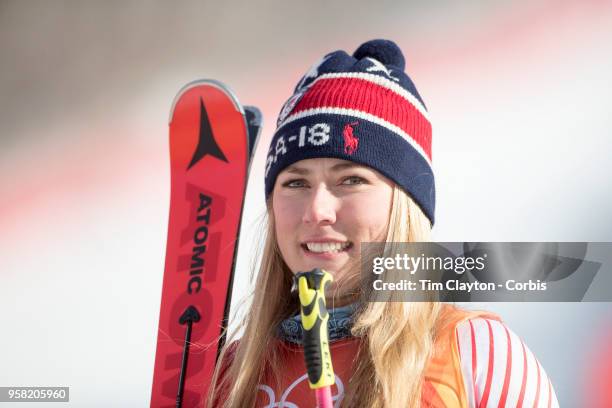 Mikaela Shiffrin of the United States at the presentation after winning the gold medal in the Alpine Skiing - Ladies' Giant Slalom competition at...