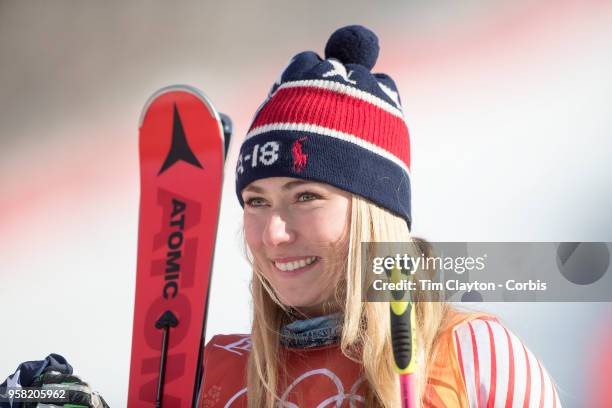 Mikaela Shiffrin of the United States at the presentation after winning the gold medal in the Alpine Skiing - Ladies' Giant Slalom competition at...