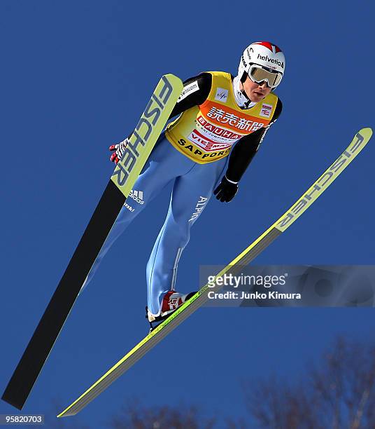 Simon Ammann of Switzerland competes in the FIS Ski Jumping World Cup Sapporo 2010 at Okurayama Jump Stadium on January 17, 2010 in Sapporo, Japan.