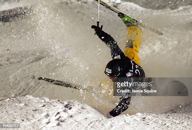 Arttu Kiramo of Finland crashes while competing in the Men's Mogul competition during the FIS Freestyle Skiing World Cup on January 16, 2010 at Deer...