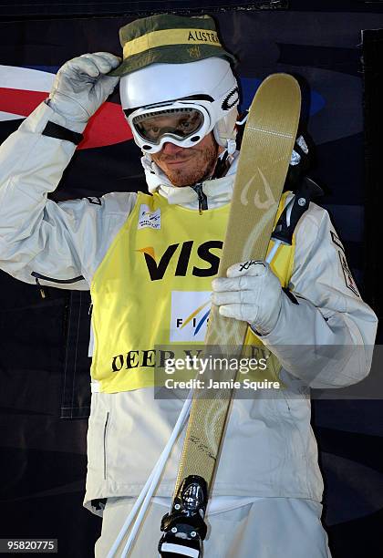 Dale Begg-Smith of Australia jokes on the podium after winning silver in the Men's Mogul finals during the FIS Freestyle Skiing World Cup on January...