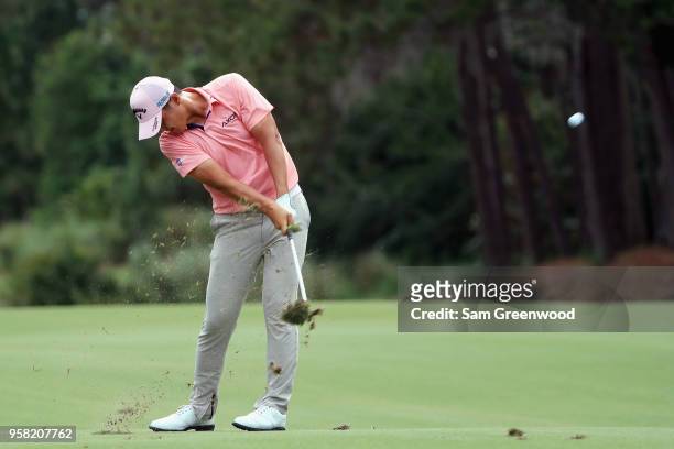 Danny Lee of New Zealand plays a shot during the final round of THE PLAYERS Championship on the Stadium Course at TPC Sawgrass on May 13, 2018 in...