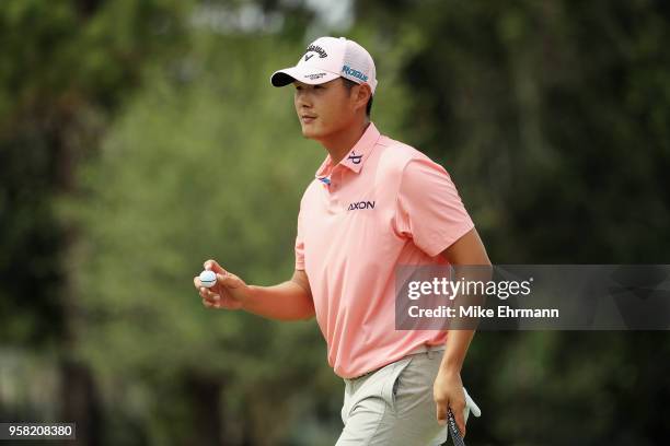 Danny Lee of New Zealand reacts during the final round of THE PLAYERS Championship on the Stadium Course at TPC Sawgrass on May 13, 2018 in Ponte...