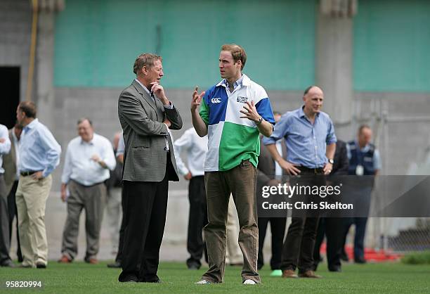 Prince William talks with Eden Park Chairman John Waller about the redevelopment's to Eden Park on the first day of his visit to New Zealand on...