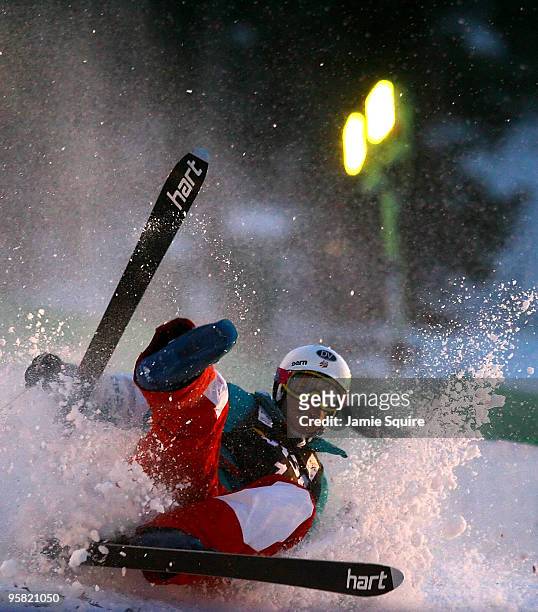 Nathan Roberts of the USA crashes while competing in the Men's Mogul competition during the FIS Freestyle Skiing World Cup on January 16, 2010 at...