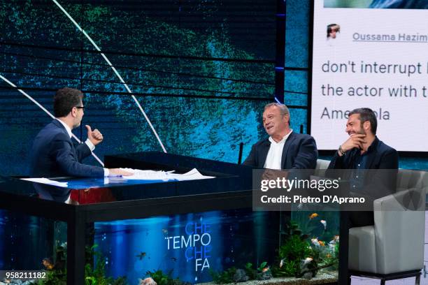 Fabio Fazio, Claudio Amendola and Luca Argentero attends Che Tempo Che Fa tv show on May 13, 2018 in Milan, Italy.