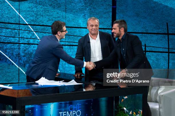 Fabio Fazio, Claudio Amendola and Luca Argentero attends Che Tempo Che Fa tv show on May 13, 2018 in Milan, Italy.