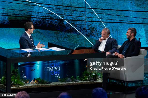Fabio Fazio, Claudio Amendola and Luca Argentero attends Che Tempo Che Fa tv show on May 13, 2018 in Milan, Italy.
