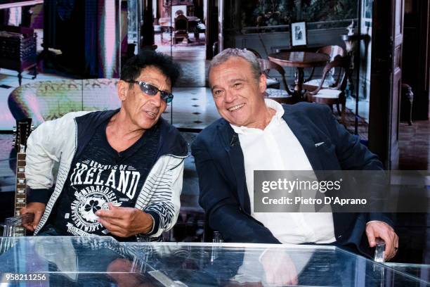 Edoardo Bennato and Claudio Amendola attends Che Tempo Che Fa tv show on May 13, 2018 in Milan, Italy.