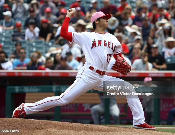 PItcher Shohei Ohtani of the Los Angeles Angels of Anaheim pitches in the first inning during the MLB game against the Minnesota Twins at Angel...
