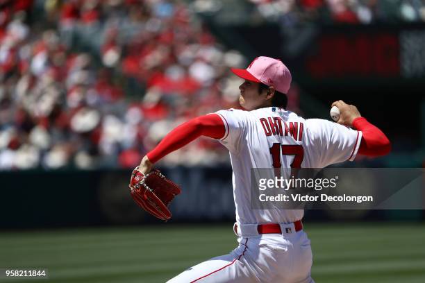 PItcher Shohei Ohtani of the Los Angeles Angels of Anaheim pitches in the fourth inning during the MLB game against the Minnesota Twins at Angel...