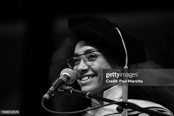 Esperanza Spalding delivers the commencement address at the Berklee College of Music Commencement day ceremony at Agganis Arena at Boston University...