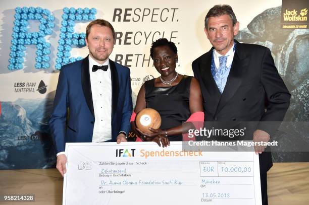 Stefan Rummel, Auma Obama and Johannes F. Kirchhoff attend the GreenTec Awards 2018 at ICM Munich on May 13, 2018 in Munich, Germany.