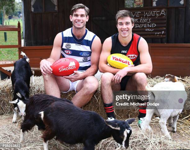 Tom Hawkins of the Cats and Zach Merrett of the Bombers pose during the Powercor Country Festival Launch at Melbourne Cricket Ground on May 14, 2018...