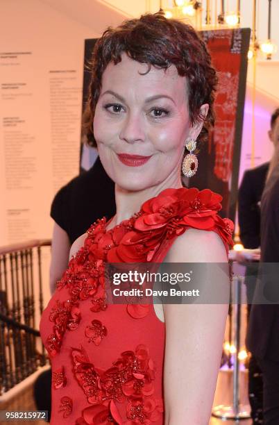 British Actress Helen McCrory, wearing one-of-a-kind Buccellati yellow and white Gold 'Ventaglio' Earrings, set with Sapphires and Granates, which...