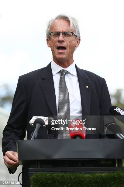 David Gallop addresses the media during the FFA Elite Women's Football Program Launch at Valentine Sports Park on May 14, 2018 in Sydney, Australia.