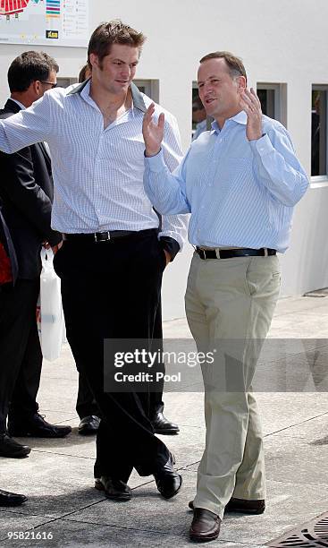 All Black Captain Richie McCaw and Prime Minister John Key chatting prior to the arrival of Prince William on the first day of his visit to New...