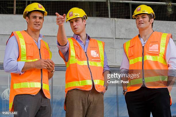 All Black Dan Carter, left, Prince William and All Blacks Captain Richie McCaw view developments at Eden Park for the 2011 Rugby World Cup on the...