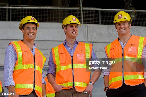 All Black Dan Carter, left, Prince William and All Blacks Captain Richie McCaw view developments at Eden Park for the 2011 Rugby World Cup on the...