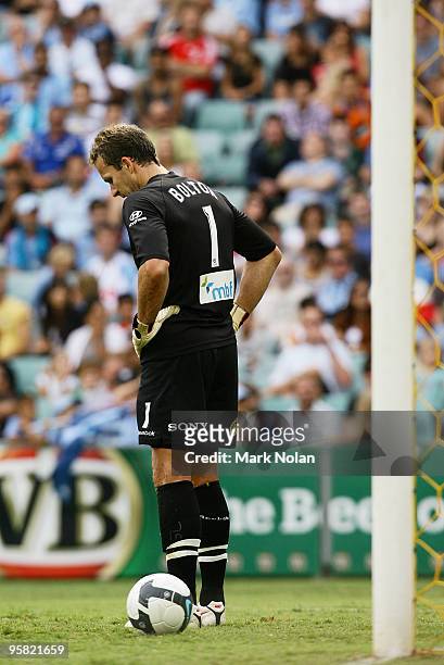 Clint Bolton of Sydney FC looks dejected after a Gold Coast goal during the round 23 A-League match between Sydney FC and Gold Coast United at the...
