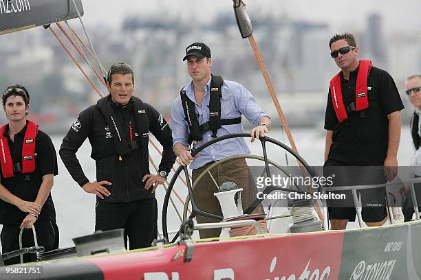 Prince William Helms NZL 41 on Aucklands Waitemata Harbour with Team New Zealands skipper Dean Barker on the first day of his visit to New Zealand on...