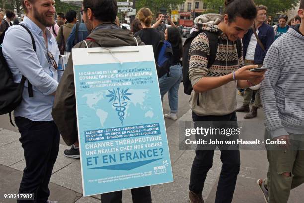 Parisians demonstrate to legalize soft drugs on May 12, 2018 in Paris, France. The Cannaparade is the main manifestation in France in favor of a...