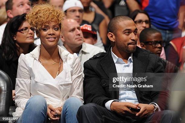 Recording Artist Rihanna and Los Angeles Dodgers player Matt Kemp attend a game between the Cleveland Cavaliers and the Los Angeles Clippers at...