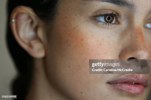 Model prepares backstage ahead of the Albus Lumen show at Mercedes-Benz Fashion Week Resort 19 Collections at Carriageworks on May 14, 2018 in...