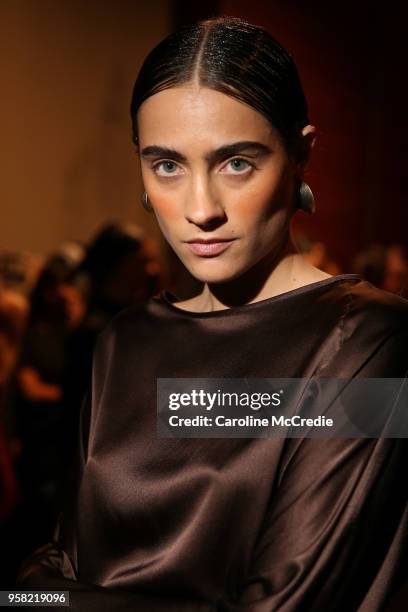 Model poses backstage ahead of the Albus Lumen show at Mercedes-Benz Fashion Week Resort 19 Collections at Carriageworks on May 14, 2018 in Sydney,...
