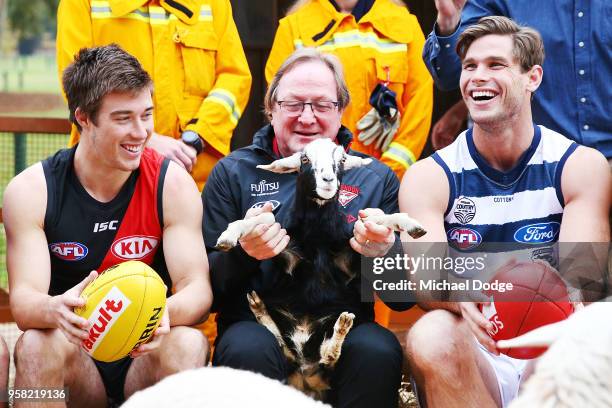 Legend Essendon Bombers former coach Kevin Sheedy with Tom Hawkins of the Cats and Zach Merrett of the Bombers during the Powercor Country Festival...