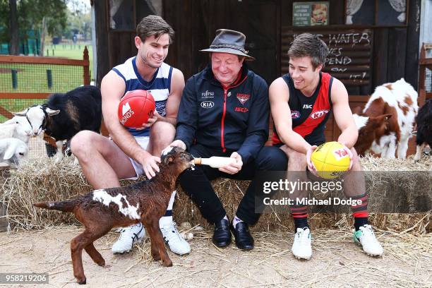 Legend Essendon Bombers former coach Kevin Sheedy with Tom Hawkins of the Cats and Zach Merrett of the Bombers during the Powercor Country Festival...