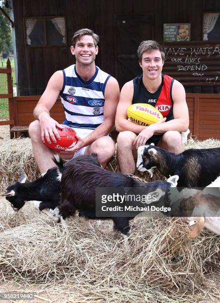 Tom Hawkins of the Cats and Zach Merrett of the Bombers pose during the Powercor Country Festival Launch at Melbourne Cricket Ground on May 14, 2018...