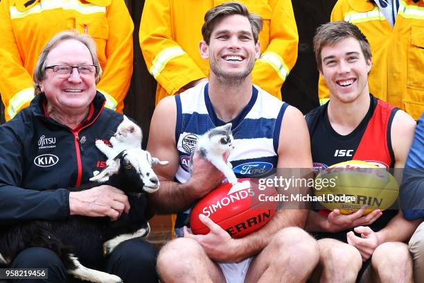 Legend Essendon Bombers former coach Kevin Sheedy with Tom Hawkins of the Cats and Zach Merrett of the Bombers during the Powercor Country Festival...